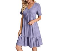 Ydsxlp Sommerkleid für Damen Große Größen V-Ausschnitt Rüschen Saum Blusenkleid Elegant Einfarbig Kurzarm Freizeitkleid Leicht Plissee Strandkleider Knielang A Linie Swing Kleider(C Lila,L)