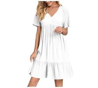 Ydsxlp Sommerkleid für Damen Große Größen V-Ausschnitt Rüschen Saum Blusenkleid Elegant Einfarbig Kurzarm Freizeitkleid Leicht Plissee Strandkleider Knielang A Linie Swing Kleider(A Weiß,XXL)