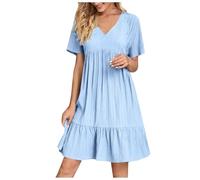 Ydsxlp Sommerkleid für Damen Große Größen V-Ausschnitt Rüschen Saum Blusenkleid Elegant Einfarbig Kurzarm Freizeitkleid Leicht Plissee Strandkleider Knielang A Linie Swing Kleider