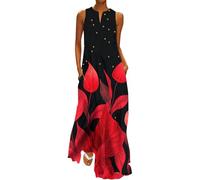 Ydsxlp Sommerkleider Damen Böhmischer Sommerlanges Strandkleider Große Größen V-Ausschnitt Ärmellose Partykleid Freizeitkleid Blumen Drucken Leichte Lässige Lange Kleider mit Taschen(C Rot,3XL)