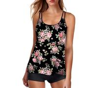Ydsxlp Tankini Set Damen Vintage Retro Floral Drucken Bademode Set Damen Sommer Freizeit Tankinis Bauchweg Zweiteiler Badeanzug für Damen Tankini Oberteil mit Badeshorts(A Schwarz,XXL)