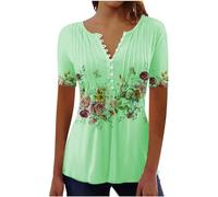 Ydsxlp Tshirt Damen V-Ausschnitt Bluse mit Knöpfe Leichte T-Shirt 2024 Sommer Vintage Blumen Druck Komfortabel Kurzarm Floral Longshirt Elegant Falten Oberteile Tunika Tops(A Grün,L)