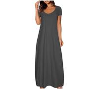 Ydsxlp Tshirt Kleider Damen Oversized Summer Lange Maxikleid Elegant Einfarbig Kurzarm Blusenkleid Casual Locker Rundhals Sommerkleid Leicht und Luftig Swing Strandkleid Freizeitkleid(B A01,XL)
