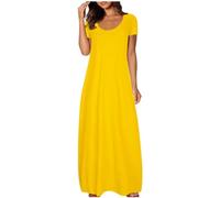 Ydsxlp Tshirt Kleider Damen Oversized Summer Lange Maxikleid Elegant Einfarbig Kurzarm Blusenkleid Casual Locker Rundhals Sommerkleid Leicht und Luftig Swing Strandkleid Freizeitkleid(A Gelb,5XL)