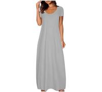 Ydsxlp Tshirt Kleider Damen Oversized Summer Lange Maxikleid Elegant Einfarbig Kurzarm Blusenkleid Casual Locker Rundhals Sommerkleid Leicht und Luftig Swing Strandkleid Freizeitkleid(B Grau,5XL)