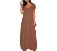 Ydsxlp Tshirt Kleider Damen Oversized Summer Lange Maxikleid Elegant Einfarbig Kurzarm Blusenkleid Casual Locker Rundhals Sommerkleid Leicht und Luftig Swing Strandkleid Freizeitkleid(B Kaffee,L)