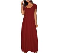 Ydsxlp Tshirt Kleider Damen Oversized Summer Lange Maxikleid Elegant Einfarbig Kurzarm Blusenkleid Casual Locker Rundhals Sommerkleid Leicht und Luftig Swing Strandkleid Freizeitkleid(A Wein,5XL)