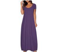 Ydsxlp Tshirt Kleider Damen Oversized Summer Lange Maxikleid Elegant Einfarbig Kurzarm Blusenkleid Casual Locker Rundhals Sommerkleid Leicht und Luftig Swing Strandkleid Freizeitkleid(A Lila,4XL)