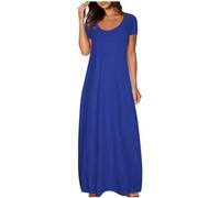Ydsxlp Tshirt Kleider Damen Oversized Summer Lange Maxikleid Elegant Einfarbig Kurzarm Blusenkleid Casual Locker Rundhals Sommerkleid Leicht und Luftig Swing Strandkleid Freizeitkleid(A Blau,S)