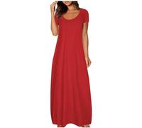 Ydsxlp Tshirt Kleider Damen Oversized Summer Lange Maxikleid Elegant Einfarbig Kurzarm Blusenkleid Casual Locker Rundhals Sommerkleid Leicht und Luftig Swing Strandkleid Freizeitkleid(A Rot,3XL)