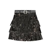 YDYAENIO Damen Herbst Mehrlagiger Kurzrock mit Gürtel, Strass und Fransen(Black Skirt,XL)