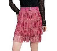 YDYAENIO Damen Herbst Mehrlagiger Kurzrock mit Gürtel, Strass und Fransen(Pink Skirt,XS)