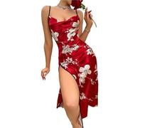 YDYAENIO Sexy Print Nachthemd Frauen Rückenfrei Schlitz Camisole Rock Home Wear Sommer Dünne Atmungsaktive Imitation Seide Pyjamas(Beige,S)
