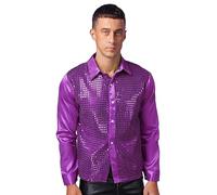Yeahdor Herren Glitzer Hemden Langarm Shirt Tanzhemd mit Pailletten Festliches Hemd Oberteil Tops Hemd Freizeithemd Party GOGO Lila L