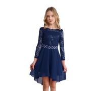 Yeahdor Mädchen Festlich Kleid Hochzeitskleid Langarm Brautkleid mit Strass Chiffon Blumenmädchenkleid A-Linie Kleid Cocktail Geburtstag Ca Marine Blau 158-164