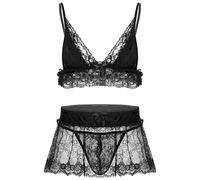 Yeahdor Sissy Reizwäsche Herren Transparent Unterwäsche Spitze BH mit Mini G-String und Mesh Rock Minirock 3-teiliges Gogo Crossdresser Kostüm Schwarz XL