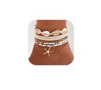 Yean Boho-Fußkettchen mit Perlen, Seestern-Fußkettchen, Muschel-Strand-Fußschmuck für Frauen (Gold A)