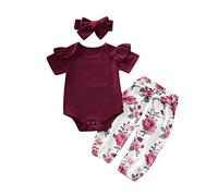 YEBIRAL Babykleidung Set Baby Mädchen Kleidung Kurzarm Body Strampler + Hose + Stirnband Neugeborene Kleinkinder Baumwolle Outfits Set 3 Stück (Weinrot 04, 6-12 Monate)