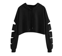YEBIRAL Bauchfrei Pullover Teenager Mädchen, Damen Pulli Oberteile Casual Destroyed Langarmshirt Sport Crop Tops Kapuzenpullover Hoodie Sweatshirt(L,Schwarz)