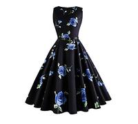 YEBIRAL Damen 1950er Vintage Retro Ärmellos Rundkragen mit Blumen Muster Sommerkleider Rockabilly Cocktailkleid Schwingen Kleid Faltenrock(Small,Schwarz)