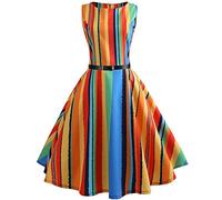 YEBIRAL Damen Audrey Hepburn Bunte Kleider Retro Schwingen Vintage Rockabilly Kleid Exquisite Sommerkleider Karneval Rundkragen Gürtel Abschlussball Kleid (X-Large,Mehrfarbig)