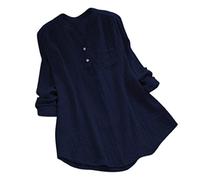 YEBIRAL Damen Bluse Lose Einfarbig Große Größen V-Ausschnit Langarm Leinen Lässige Tops T-Shirt Bluse S-5XL(EU-50/CN-5XL,Marine)