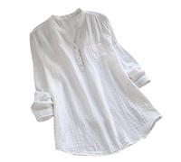 YEBIRAL Damen Bluse Lose Einfarbig Große Größen V-Ausschnit Langarm Leinen Lässige Tops T-Shirt Bluse S-5XL(EU-46/CN-3XL,Weiß)