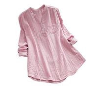 YEBIRAL Damen Bluse Lose Einfarbig Große Größen V-Ausschnit Langarm Leinen Lässige Tops T-Shirt Bluse S-5XL(EU-46/CN-3XL,Rosa)