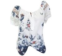 YEBIRAL Damen Bluse mit Spitze Schmetterling - Blumen - Druck Muster Sommer Chiffon Kurzarm Oberteil Frauen Elegante Lose T-Shirt Tunika Tops Große Größen(EUR-36/CN-M,Blau)