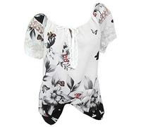 YEBIRAL Damen Bluse mit Spitze Schmetterling - Blumen - Druck Muster Sommer Chiffon Kurzarm Oberteil Frauen Elegante Lose T-Shirt Tunika Tops Große Größen(EUR-36/CN-M,Schwarz)