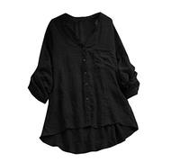 YEBIRAL Damen Bluse V-Ausschnit Langarm Shirt Leinen Einfarbig Lässige Lose Tunika Tops T-Shirt Hemdbluse Große Größen (EU-40/CN-L, H- Schwarz)