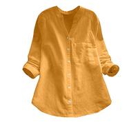 YEBIRAL Damen Bluse V-Ausschnit Langarm Shirt Leinen Einfarbig Lässige Lose Tunika Tops T-Shirt Hemdbluse Große Größen (EU-42/CN-XL, B- Gelb)