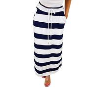 YEBIRAL Damen Casual Rock Maxirock Mode Gestreifte Basic A-Linie Langer Rock mit Taschen(L,Dunkelblau)