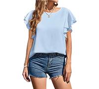 YEBIRAL Damen Elegant Chiffonbluse Rüschen Kurzarm T-Shirt Casual Arbeit Hemd Rundhalsausschnitt Oberteile Festlich Bluse Einfarbig Tops
