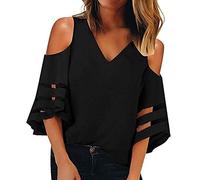 YEBIRAL Damen Elegante V-Ausschnitt Off Shoulder T-Shirt 3/4 Ärmel Sommer Top Oberteil Kurzarmshirt Bluse(EUR-40/CN-L,Schwarz)