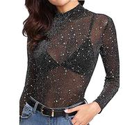 YEBIRAL Damen Glitter Langarm Bluse Transparent Netzstoff Tüll Mesh Shirt mit Stehkragen Glanz Club Oberteil Tops(XXL,Schwarz)