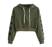 YEBIRAL Damen Hoodie Mädchen Kapuzenpulli Briefdruck Bauchfrei Pullover Oberteile Kurz Sport Crop Tops Sweater Sweatshirt Sweatjacke (Armeegrün, XS)