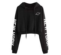 YEBIRAL Damen Hoodie Mädchen Kapuzenpulli Briefdruck Bauchfrei Pullover Oberteile Kurz Sport Crop Tops Sweater Sweatshirt Sweatjacke (Y- Schwarz, S)