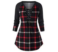 YEBIRAL Damen Langarm Kariert Casual Elegant Oberteile V-Ausschnitt Bandage Tops Lose Tunika Oversize Tshirt Bluse(XL,Weinrot)