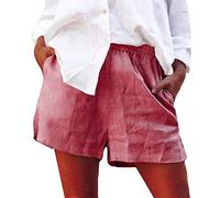 YEBIRAL Damen Leinenshorts Bermuda lockere Kurze Hose Freizeithose 100% Leinen Shorts Elegante Elastic Taille Sommer Shorts(M，Rosa