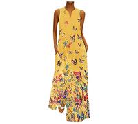 YEBIRAL Damen Maxikleid Übergroßes V-Ausschnitt Sommerkleider Casual Lang Kleid Elegant Strandkleider A-Linien Abendkleid Partykleid Cocktailkleid mit Taschen