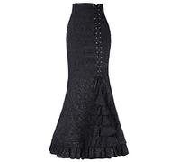 YEBIRAL Damen Röcke Vintage Viktorianischen Stil Figurbetont Hohe Taile Bandage Rüschen Jacquard Fischschwanz Meerjungfrau Langen Rock (M,Schwarz)