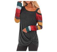 YEBIRAL Damen Schulterfrei Sexy Oberteil Langarmshirt Tunika Gestreift Langarm Tshirt Off Shoulder Knoten Bluse Tops Longshirt(XXL,Grau)