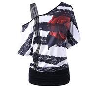 YEBIRAL Damen Schulterfrei T-Shirt Elegante Sommer Kurzarm Blumendruck Top Oberteile Blusen Casual Sexy Off Shoulder Tunika Tops Tee(EUR-42/CN-XL,Schwarz)