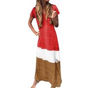 YEBIRAL Damen Sommerkleid Farbverlauf Lang Farbblock Kleid V-Ausschnitt Kurzarm Strandkleid Bodenlanges Kleid Maxikleid Große Größen