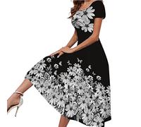YEBIRAL Damen Sommerkleid Kurzarm Midikleid Knielang Kleider Partykleid Rundhals Strandkleid Elegant A-Linie Blumenkleid Swing Cocktailkleider Freizeitkleid