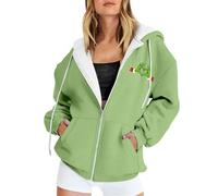YEBIRAL Damen Sweatjacke Kapuzenpullover Zip Hoodie Grinch Pullover Oversize Casual Kapuzenpulli Lustige 3D Druck Weihnachtspullover Hoody mit Kapuze Sweatshirt Kapuzenjacke
