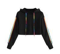 YEBIRAL Damen Sweatshirt, Mädchen Bauchfrei Pullover Streifen Rainbow Pulli Oberteile Mode Sport Crop Tops Casual Kurz Bluse Hoodie Kapuzenpullover(M,Schwarz)