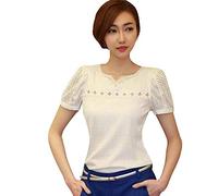 YEBIRAL Damen T-Shirt Elegante Sommer Kurzarm Bluse mit Spitze Shirt V-Ausschnitt Tops Oberteil Aushöhlen Sexy Unterwäsche(EUR-42/CN-2XL,Weiß)