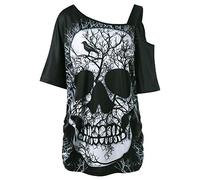 YEBIRAL Damen T-Shirt Kurzarm Schulterfrei Oberteile Bedrucken Totenkopf Lose Tunika Mode Casual Sommer Asymmetrischer Bluse Tops